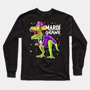 Mardi Grawr T Rex Dinosaur Mardi Gras Bead Costume Kids Long Sleeve T-Shirt